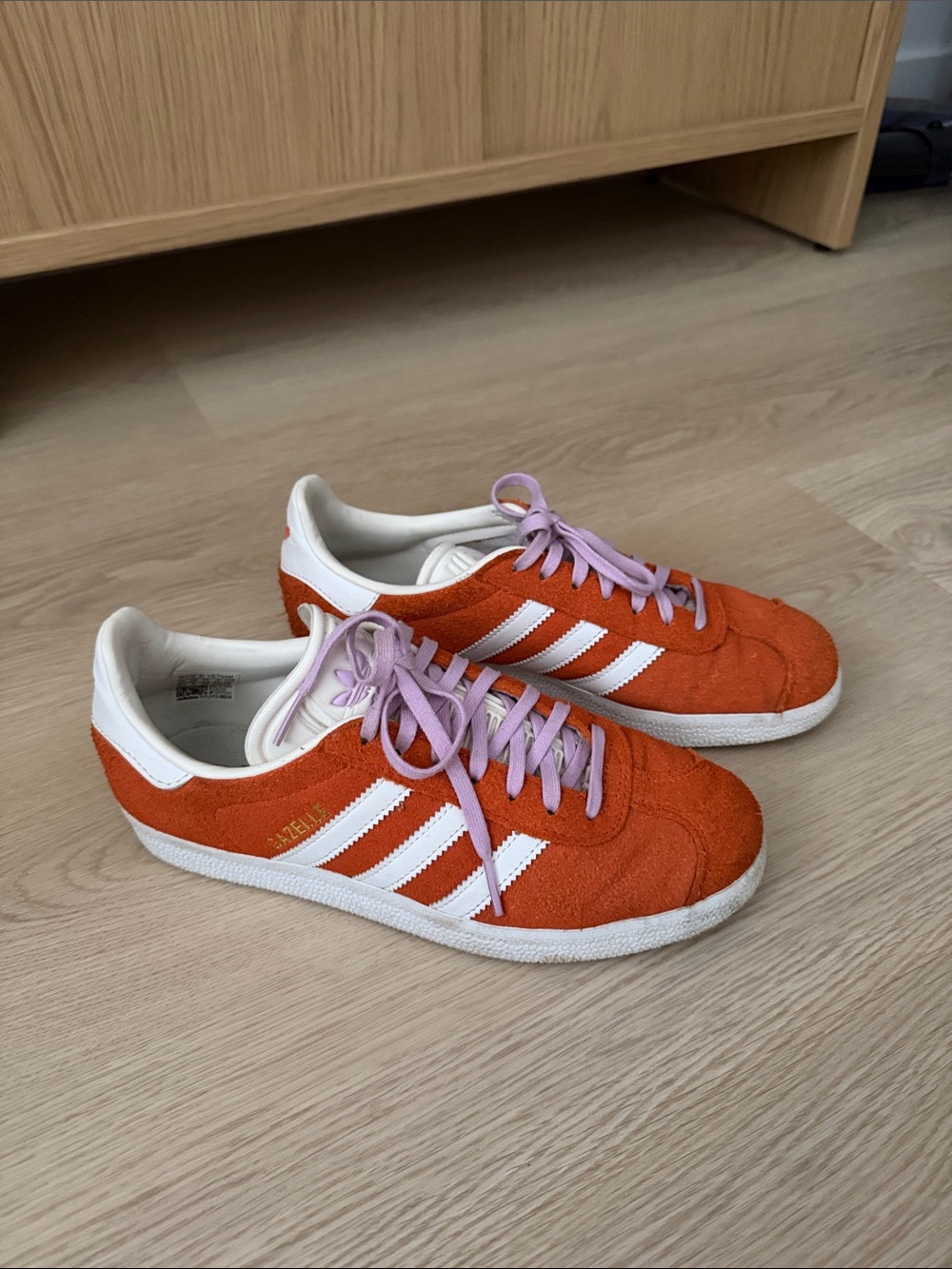 adidas Orange Gazelle Suede Sneakers with White Stripes and Lilac Laces
